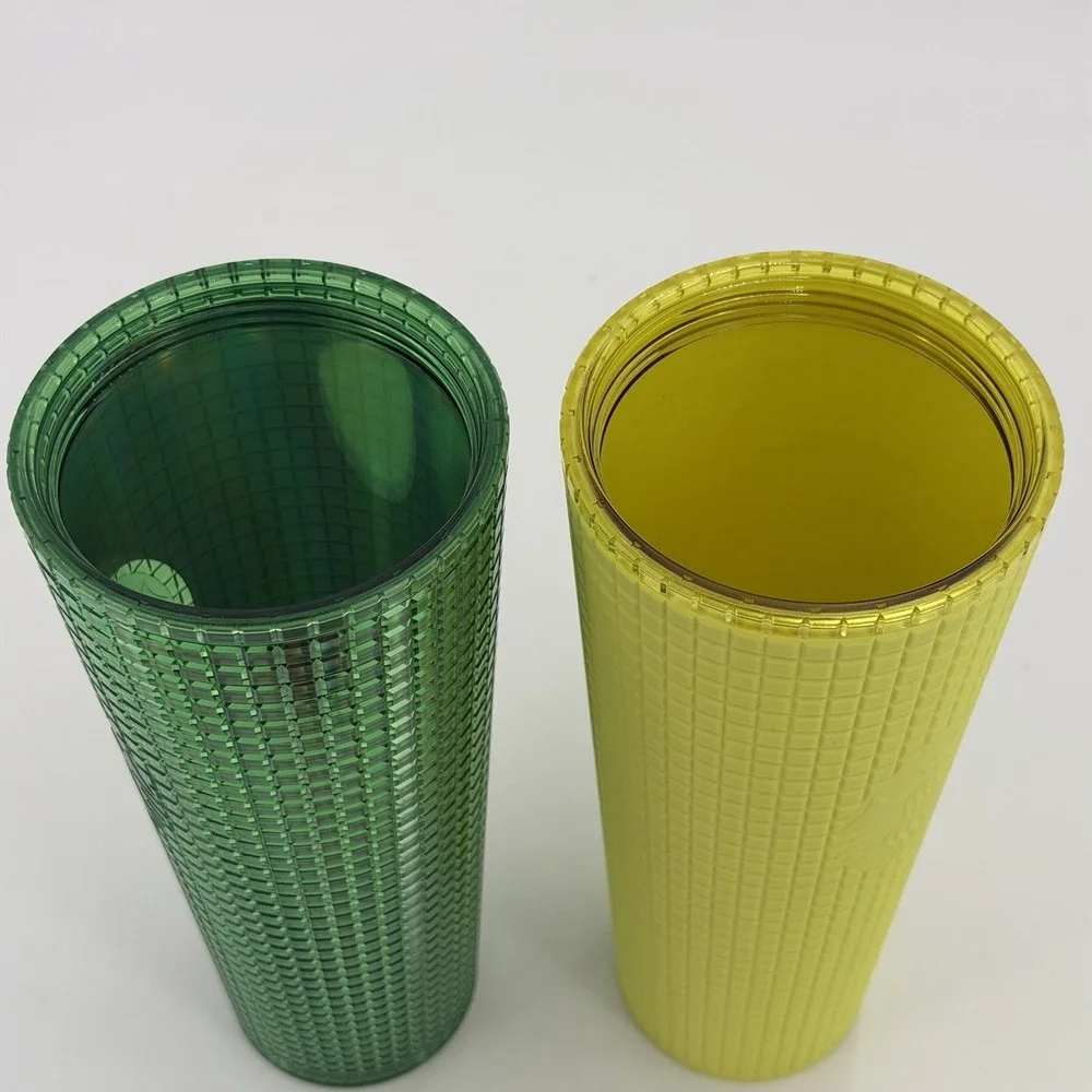 2 Starbucks 24 oz Cold Cups Yellow Soft Touch Grid & Watermelon Grid Tumbler